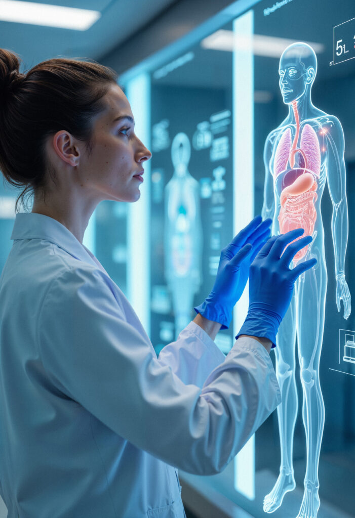profesional medico examinando una exhibicion holografica de la anatomia humana